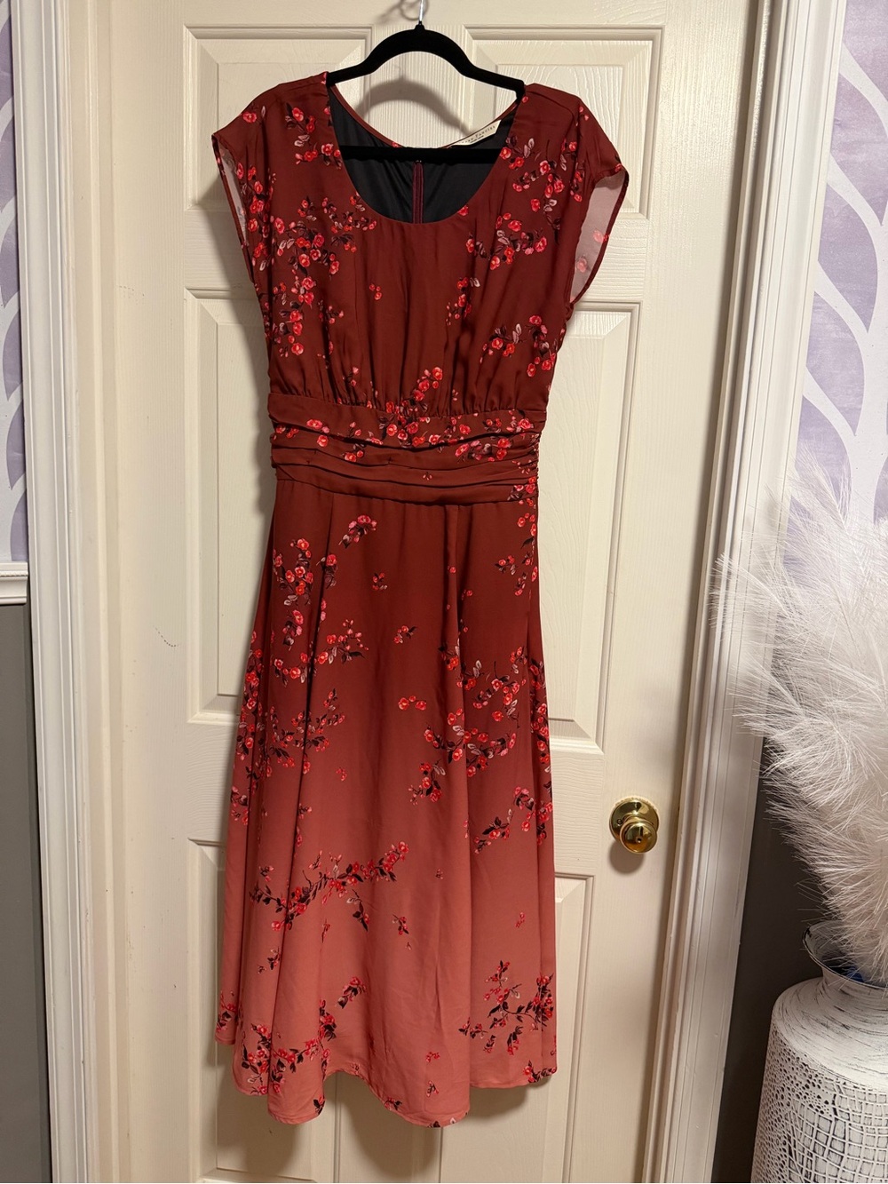 eShakti Wayward Fancies Rust Floral Ruched A-Line Midi Dress